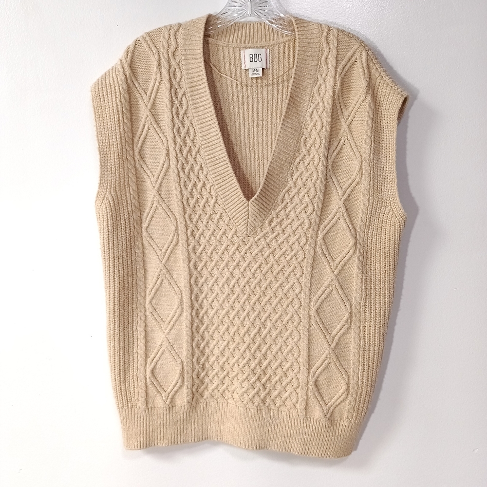 Urban Outfitters Cream Cable Knit V-Neck Sweater Vest
